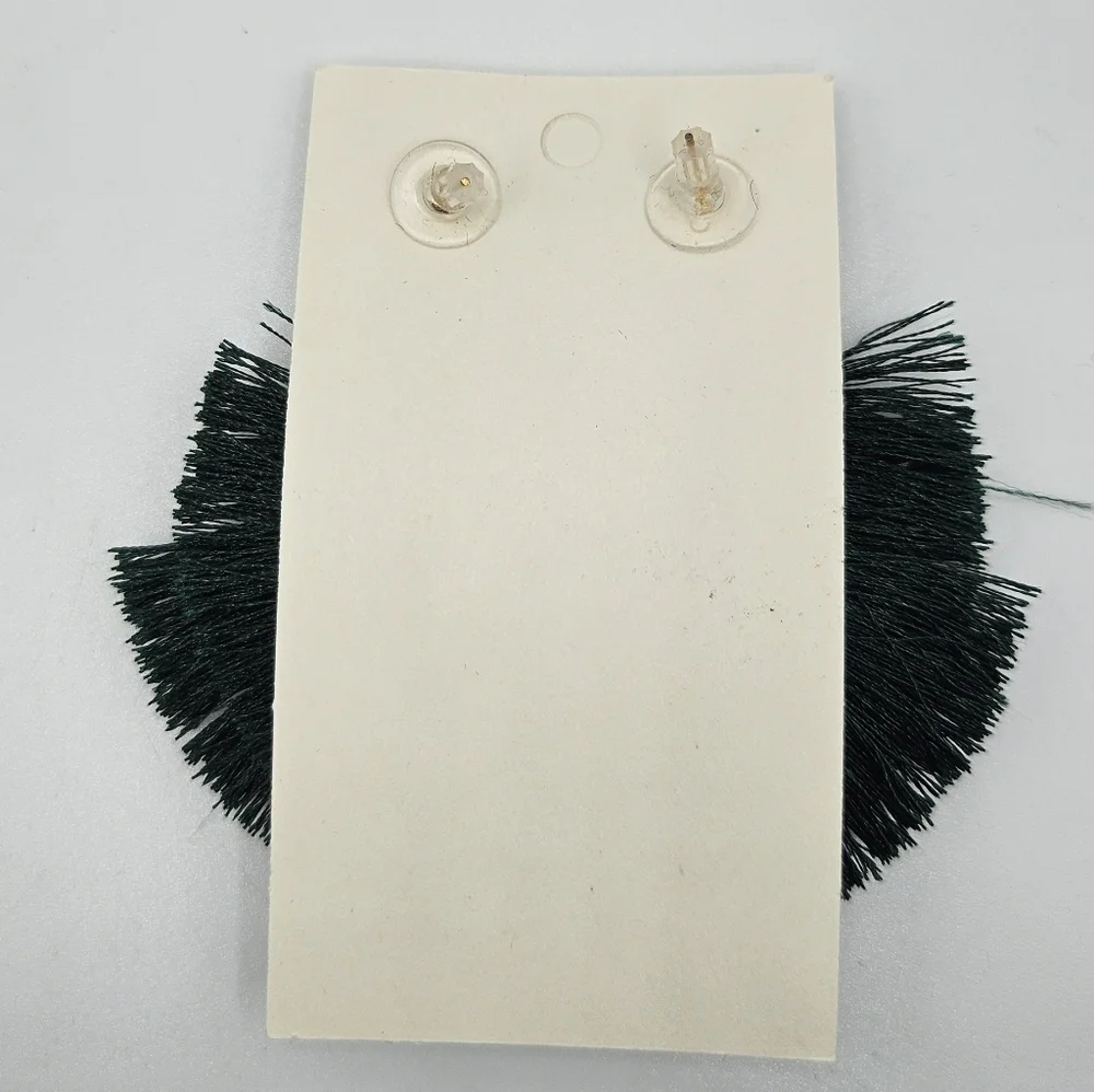 Green and Black Fan-Shaped Earrings with Fringe - Picture 2 of 2